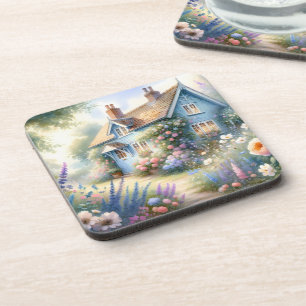 Dessous-de-verre Scène florale de maison bleue de jardin de campagn