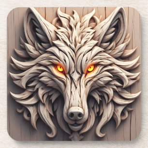 Dessous-de-verre Sculpture de loup en bois avec motifs géométriques