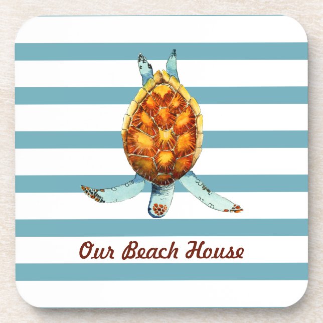 Dessous-de-verre Sea Turtle Our Beach House on Dark Aqua Stripes (Devant)