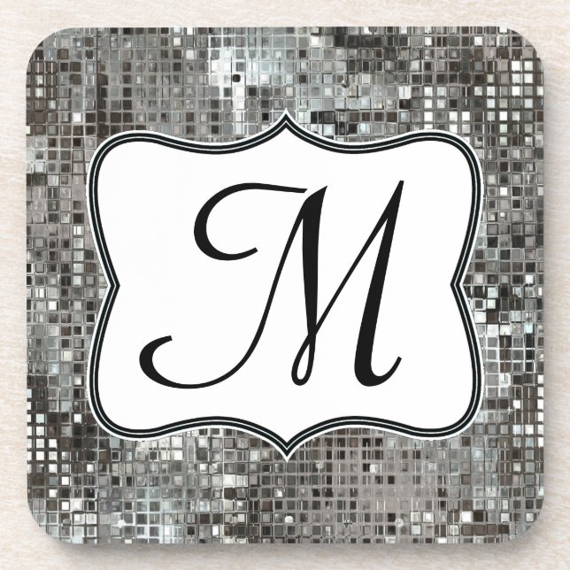 Dessous-de-verre Séquin Argent éblouissant Glitz Monogramme Dessous (Devant)