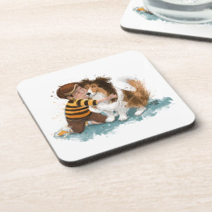 Dessous-de-verre Sheltie and Boy Dog Hug