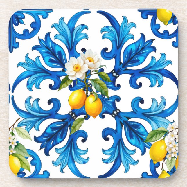 Dessous-de-verre sicilien, été, citron, mosaïque, bleu (Devant)