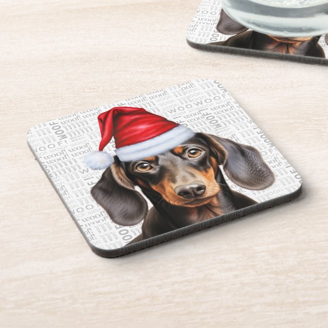 Dessous-de-verre Smooth Coat Dachshund Dog in a Santa Hat Holiday (Côté gauche)
