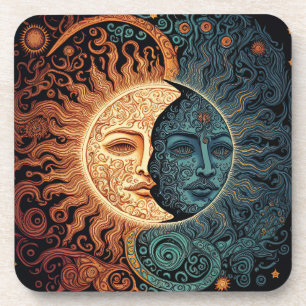 Dessous-de-verre Soleil et Lune vintages psychédéliques
