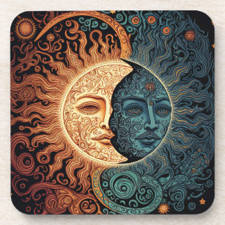 Dessous-de-verre Soleil et Lune vintages psychédéliques