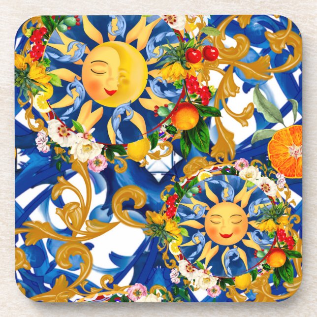 Dessous-de-verre soleil sicilien, moitié lune, été, majolica, citro (Devant)