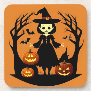 Dessous-de-verre Sorcière d'Halloween avec citrouilles dans un cadr