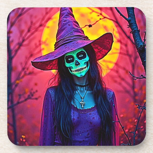 Dessous-de-verre Sorcière d'Halloween avec conception de visage crâ (Devant)
