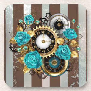 Dessous-de-verre Steampunk Clock and Turquoise Roses on Striped