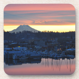 Dessous-de-verre Sunrise Mount Rainier et la marina à Olympia WA