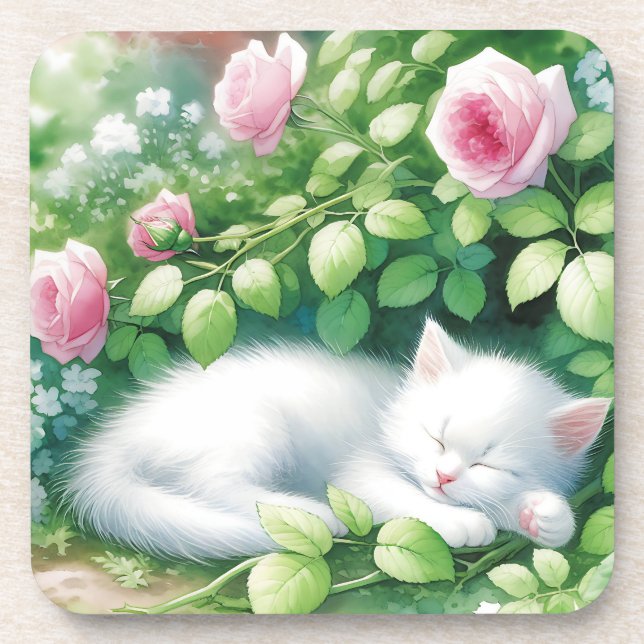 Dessous-de-verre Sweet White Kitten Napping sous un Rose Bush (Devant)