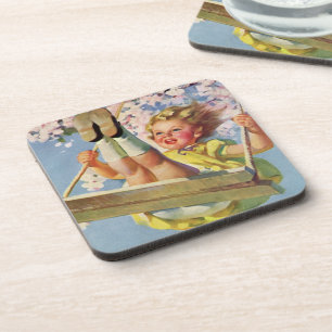 Dessous-de-verre Swing Vintage, Fille Se Balançant dans un Arbre En