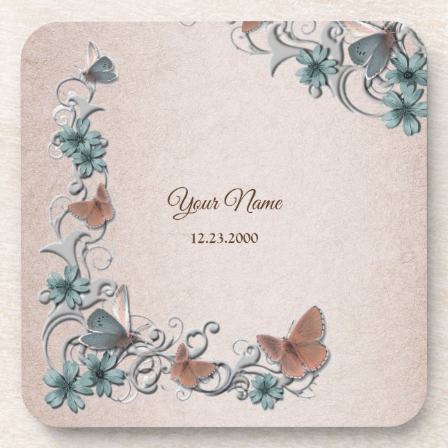 Dessous-de-verre Teal Silver Floral Copper Butterfly Tan Wedding (Devant)