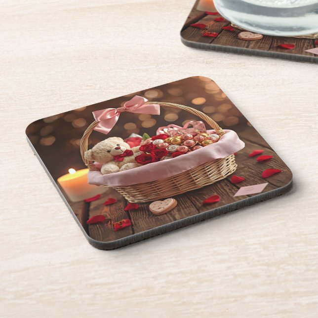 Dessous-de-verre Teddy Rose Basket Romantic Valentine Heart Drink (Côté gauche)