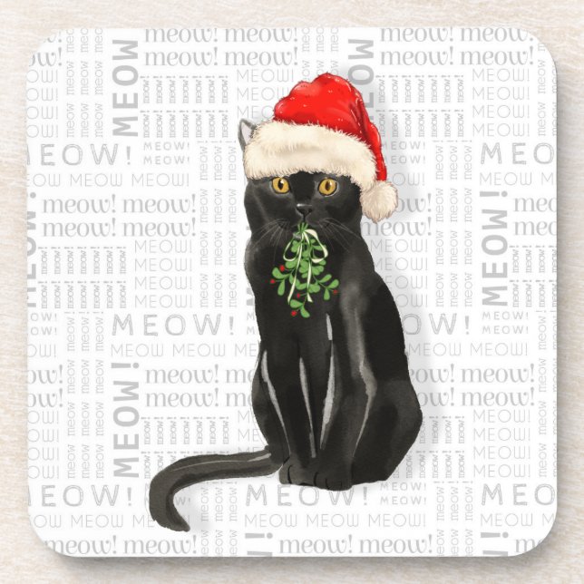 Dessous-de-verre Thème d'hiver Black Bombay Cat Meow Word Art (Devant)