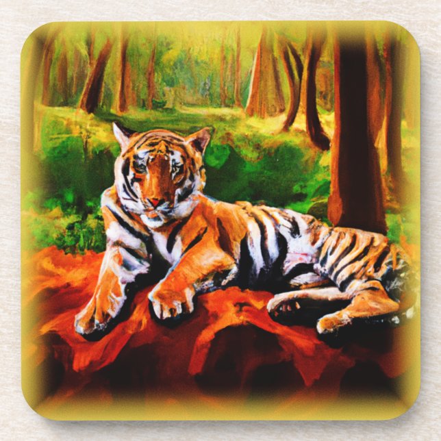 Dessous-de-verre "Tigre majestueux au repos dans la nature". Comman (Devant)