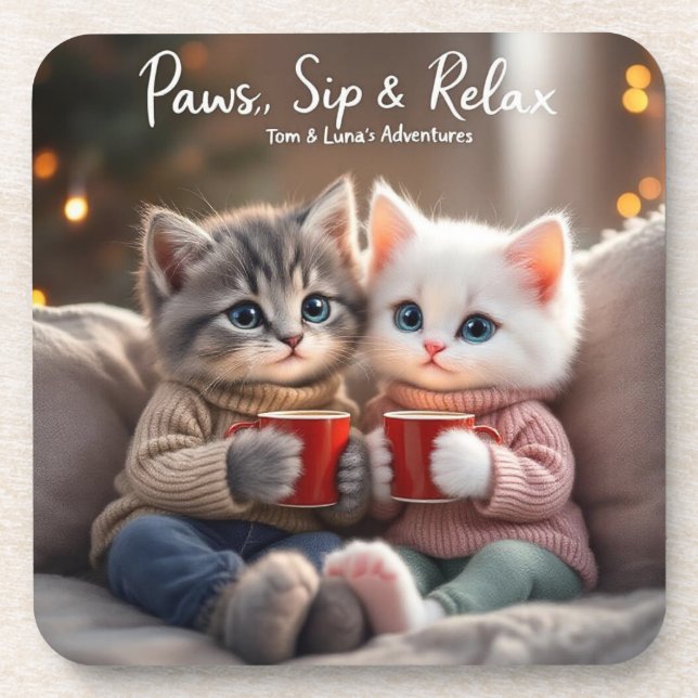 Dessous-de-verre Tom & Luna’s Adventures™ – “Paws, Sip & Relax” Coa (Devant)