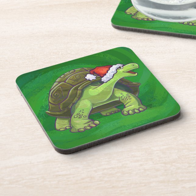 Dessous-de-verre Tortue avec un chapeau de Père Noël sur fond vert (Côté gauche)