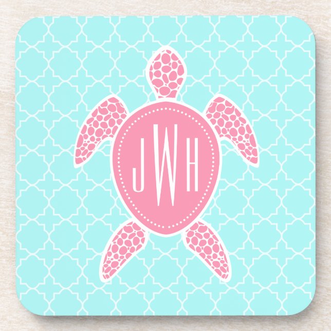 Dessous-de-verre Tortue de mer rose monogramme + Quatrefoil bleu (Devant)