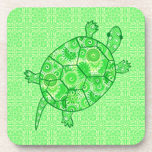 Dessous-de-verre Tortue tourbillon fractale - vert citron et émerau (Devant)
