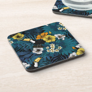 Dessous-de-verre Toucans et flore tropicale, bleu, jaune, orange