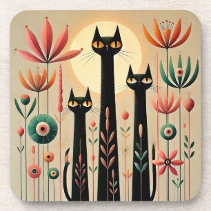 Dessous-de-verre Trois chats noirs au milieu d'un décor floral vibr