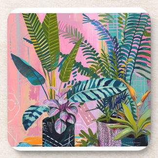 Dessous-de-verre Tropical pink flamingos set against lush green