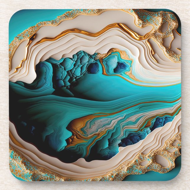 Dessous-de-verre Turquoise Aqua Blue Gold Gemstone Acrylique Pour A (Devant)