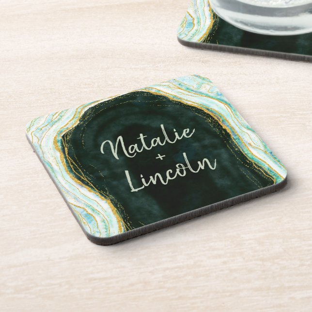 Dessous-de-verre Turquoise vert et or Agate Marbre Mariage Monogram (Côté gauche)