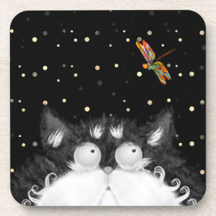 Dessous-de-verre Tuxedo Cat surpris par la libellule
