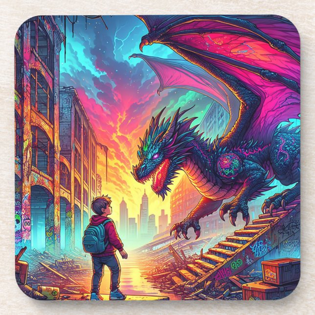 Dessous-de-verre Un garçon rencontre un dragon dans un monde dystop (Devant)