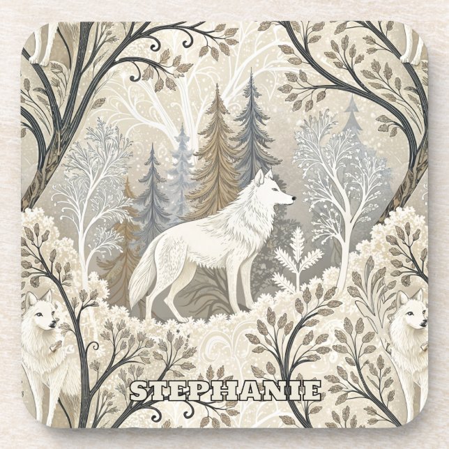 Dessous-de-verre Une forêt d'hiver paisible avec des loups blancs (Devant)