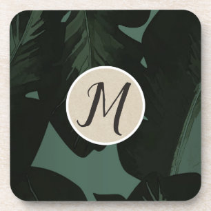 Dessous-de-verre Vert foncé & Feuilles de palmiers tropicaux noires