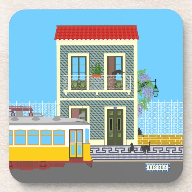 Dessous-de-verre Vieille maison de Lisbonne avec chats et tramway j (Devant)