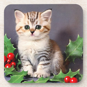 Dessous-de-verre Vintage Christmas Kitten et Holly