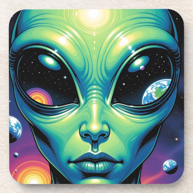 Dessous-de-verre Visage Alien avec des planètes Réflexions dans les (Devant)