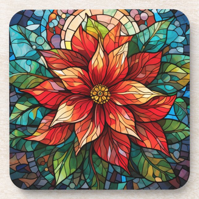 Dessous-de-verre Vitraux de Noël Fleur rouge Poinsettia (Devant)