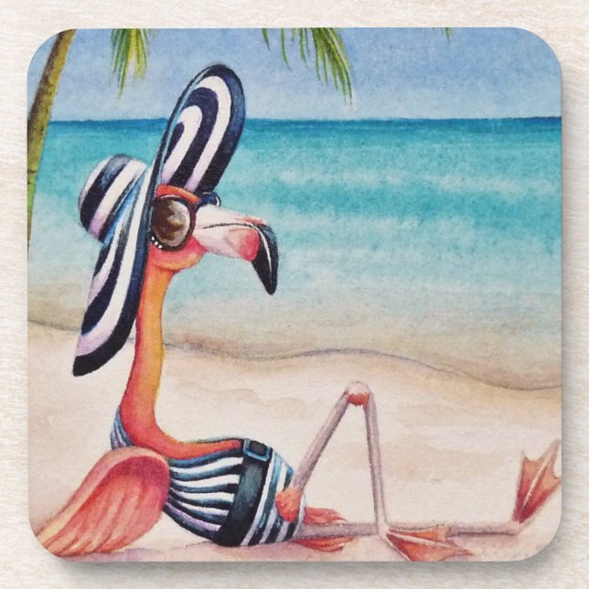 Dessous-de-verre Whimsical Beach Babe Flamant rose No 1 Aquarelle A (Devant)