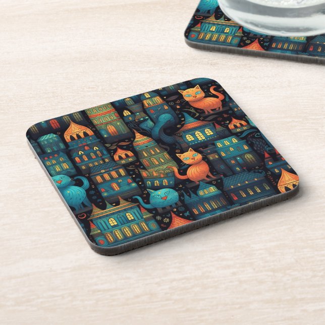 Dessous-de-verre Whimsical City Cats AI Art (Côté gauche)