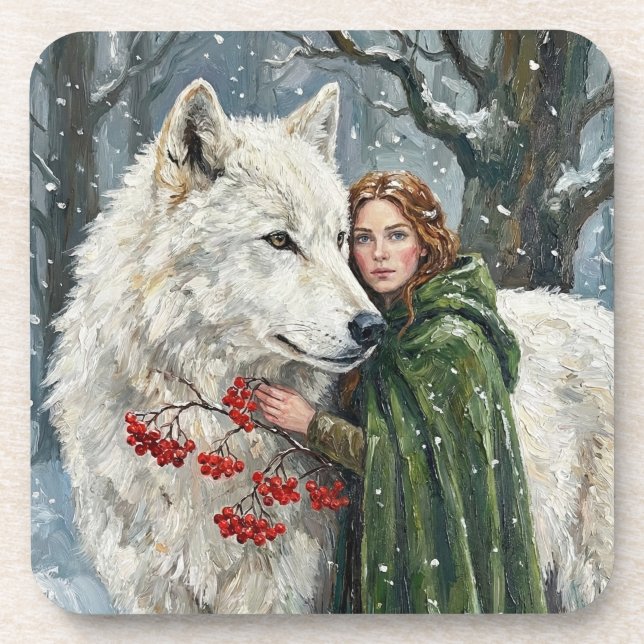 Dessous-de-verre White Wolf Redhead Druid Winter Berries Fantasy Ar (Devant)