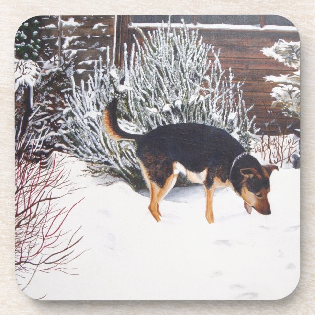 Dessous-de-verre Winter snow scene with cute black and tan dog (Devant)