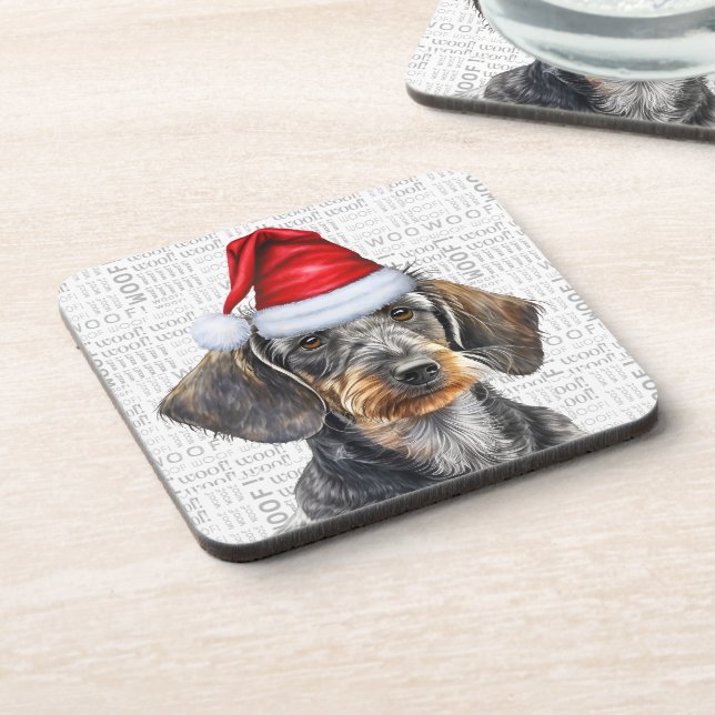 Dessous-de-verre Wirehaired Dachshund Dog in a Santa Hat Holiday (Côté gauche)