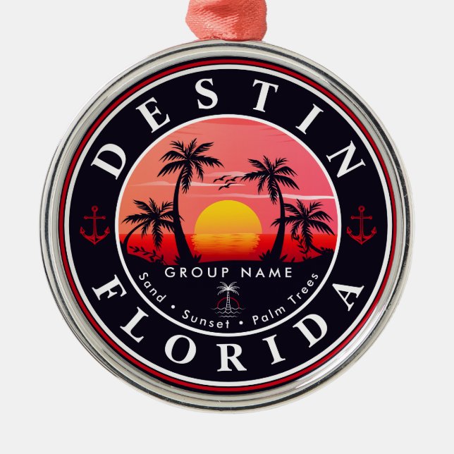 Destin Florida Beach Retro Sunset Palm Tree 80s Metal Ornament (Front)