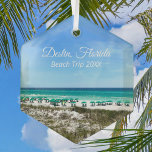 Destin Florida Beach Trip Ocean Keepsake Christmas Glass Ornament<br><div class="desc">This beautiful Destin Florida beach vacation keepsake Christmas ornament features the pretty blue green ocean waters of Sandestin along the coast. Pretty teal and blue umbrellas line the summer seashore in front of the sea grass. Lovely white cursive script for my favourite seaside city along the emerald coast. Customize with...</div>