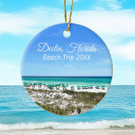 Destin Florida Beach Vacation Keepsake Christmas Ceramic Ornament<br><div class="desc">This beautiful Destin Florida beach vacation keepsake Christmas ornament features the pretty blue green ocean waters of Sandestin along the coast. Pretty teal and blue umbrellas line the summer seashore in front of the sea grass. Lovely white cursive script for my favourite seaside city along the emerald coast. Customize with...</div>