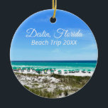 Destin Florida Beach Vacation Keepsake Christmas Ceramic Ornament<br><div class="desc">This beautiful Destin Florida beach vacation keepsake Christmas ornament features the pretty blue green ocean waters of Sandestin along the coast. Pretty teal and blue umbrellas line the summer seashore in front of the sea grass. Lovely white cursive script for my favourite seaside city along the emerald coast. Customize with...</div>