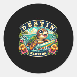 Destin Florida Cute Sea Turtle Surfing  Classic Round Sticker
