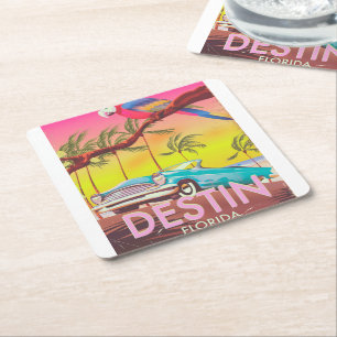 Destin Florida USA vintage travel poster. Square Paper Coaster