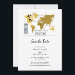 Destination Boarding Pass Wedding  Save The Date<br><div class="desc">This design features a boarding pass theme. It showcases a gold map of the world along with two airplanes making a heart shape as they travel around the world. This destination themed wedding design is set out like a boarding pass with the date of the wedding personalized in the squares....</div>