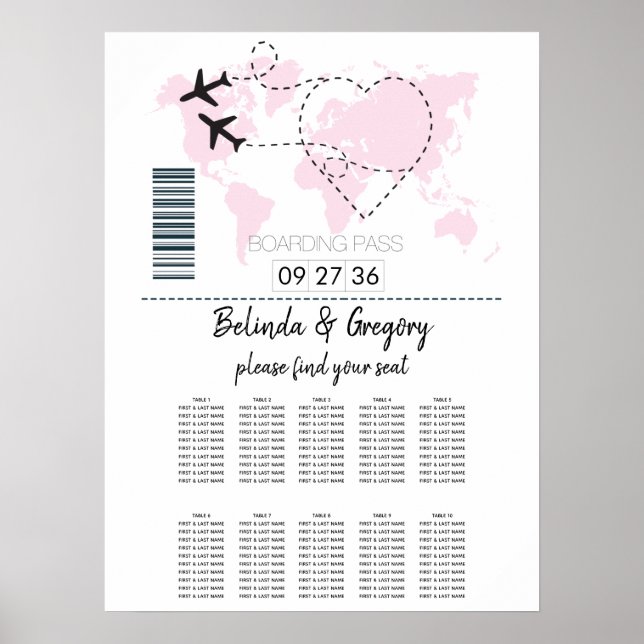 Destination Boarding Pass Wedding Seating Chart (Front)